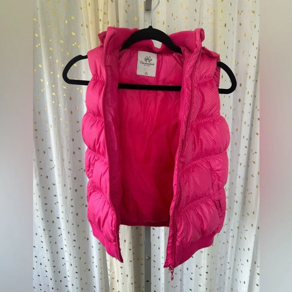 Chickeeduck Girls Pink Polka Dot Removable Hoodie Puffer Zip Up Vest Pockets